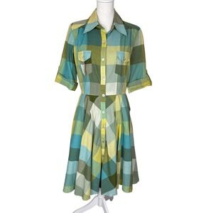 New Directions Green Blue Plaid Cotton Button Front Short Sleeve Shirt Dress 10